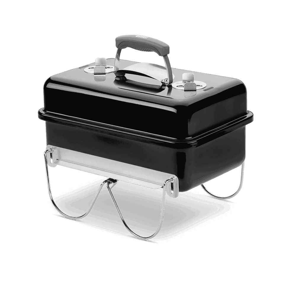 Weber Go Anywhere houtskool barbecue op pootjes met deksel er op